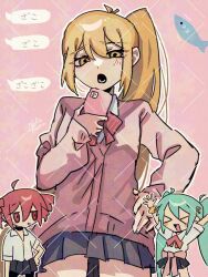 3girls ahoge akita_neru aqua_hair blonde_hair cardigan drill_hair fish gyaru hatsune_miku holding holding_phone kasane_teto kogal long_hair looking_at_viewer multiple_girls nekotarou_(nekotaro_woohoo) phone pink_background pink_cardigan red_hair school_uniform serafuku side_ponytail simple_background speech_bubble standing triple_ryuunen twin_drills twintails utau vocaloid watermark zako_(vocaloid)