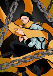 Rule 34 | 1boy, arms up, belt, black hair, black pants, black shoes, black trim, blue eyes, chain, closed mouth, fingernails, hair slicked back, highres, looking at viewer, male focus, mochizuki ryouji, mole, mole under eye, otoko haza, pants, persona, persona 3, scarf, shirt, shoes, sleeve cuffs, smile, solo, suspenders, white shirt, yellow scarf