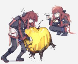 Rule 34 | 1girl, apple, black bag, black bow, black jacket, black pants, black shoes, blunt ends, bow, bug, cockroach, food, fruit, full body, gauze, gauze over eye, gmno 6, golden apple, golden apple (project moon), grey eyes, hair bow, insect, jacket, limbus company, long hair, looking at another, looking at viewer, multiple views, open mouth, pants, project moon, red hair, shoes, sidelocks, simple background, solo, standing, white background, yuri (project moon)