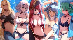 5girls armpits arrow_(symbol) arrow_through_heart bad_id bad_twitter_id bare_shoulders belt bicorne bikini black_choker black_tank_top blonde_hair blue_bikini blue_hair blue_sky chest_belt choker cloud collarbone dark-skinned_female dark_elf dark_skin denim dodon_gadon don-chan_(usada_pekora) double_bun elf eyepatch eyewear_on_head front-tie_bikini_top front-tie_top green_eyes green_hair hair_bun hair_ornament hat highres hololive hololive_fantasy houshou_marine jeans midriff multiple_girls navel open_clothes orange_eyes pants partially_unzipped pointy_ears red_bikini red_eyes red_hair shiranui_flare shirogane_noel shirogane_noel_(summer_2020) silver_hair skull_hair_ornament sky sunglasses swimsuit tank_top uruha_rushia usada_pekora virtual_youtuber water white_bikini zipper zipper_pull_tab