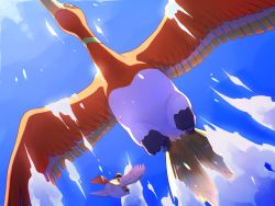 bad_id bad_twitter_id closed_mouth cloud commentary_request day flying from_below gen_1_pokemon gen_2_pokemon highres ho-oh kino_(sea55tea) legendary_pokemon nintendo orange_eyes pidgeot pokemon pokemon_(creature) sky spread_wings talons