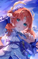 1girl absurdres aqua_eyes artist_name circlet commentary_request dress flower from_below genshin_impact hair_flower hair_ornament highres hydro_symbol_(genshin_impact) long_hair long_sleeves looking_at_viewer looking_down nilou_(breeze_of_sabaa)_(genshin_impact) nilou_(genshin_impact) parted_lips purple_dress purple_flower purple_sky red_hair ryuna_(inc_moon) sky solo twitter_username upper_body vision_(genshin_impact)