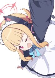 1girl ;d absurdres animal_ear_headphones animal_ears apron aqua_bow aqua_bowtie black_dress blonde_hair blue_archive blunt_bangs bow bowtie cat_ear_headphones cat_ears commentary dot_nose dress dutch_angle fake_animal_ears foreshortening frilled_dress frills from_above hair_bow halo happy headphones highres light_blush long_sleeves looking_at_viewer maid maid_apron maid_headdress masakamea momoi_(blue_archive) momoi_(maid)_(blue_archive) official_alternate_costume official_alternate_hairstyle one_eye_closed open_hand open_mouth outstretched_arms parted_bangs pink_bow pink_eyes pink_halo puffy_long_sleeves puffy_sleeves reaching reaching_towards_viewer short_twintails sidelocks simple_background smile solo twintails v-shaped_eyebrows white_apron white_background white_headdress