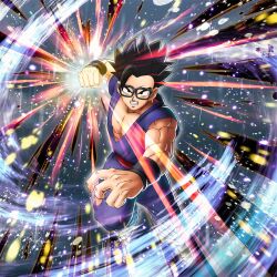 Rule 34 | 1boy, black eyes, black hair, dragon ball, dragon ball legends, dragon ball super, dragon ball super super hero, glasses, highres, muscular, muscular male, official art, punching, solo, son gohan