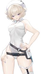 1girl beret blonde_hair blue_eyes breasts commentary_request gradient_hair hat highleg highleg_leotard highres hololive hololive_dev_is leotard medium_breasts mino_(1_ygg) multicolored_hair purple_hair purple_nails short_hair simple_background solo streaked_hair todoroki_hajime todoroki_hajime_(regloss_uniform) tongue tongue_out two_side_up virtual_youtuber white_background white_leotard