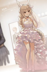 1boy 1girl alternate_costume animal_ears blunt_bangs braid braided_ponytail breasts bride cat_ears chest_jewel dress facial_mark gloves hey_cre highres long_hair nia_(blade)_(xenoblade) nia_(xenoblade) rex_(xenoblade) silver_hair small_breasts very_long_hair wedding_dress white_dress white_gloves xenoblade_chronicles_(series) xenoblade_chronicles_2 yellow_eyes
