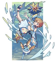 1girl bare_shoulders blush breasts collarbone creatures_(company) detached_sleeves dress earrings eyelashes game_freak gen_1_pokemon green_eyes gym_leader hair_between_eyes highres jewelry legs looking_at_viewer misty_(pokemon) misty_(sygna_suit)_(pokemon) navel nintendo official_alternate_costume open_mouth orange_hair pokemon pokemon_masters_ex short_hair simple_background smile solo starmie staryu sutokame underwater vaporeon water