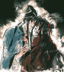 2boys aqua_eyes bandaged_arm bandaged_neck bandages bishounen black_hair black_hat blood blood_from_mouth blood_on_clothes blood_on_face blood_on_hands bloody_bandages blue_coat chinese_clothes chinese_commentary closed_eyes clothes_grab coat dao_gui_yi_xian dated eye_contact hair_bun hair_ribbon half_updo hand_on_another&#039;s_arm hanfu hat hat_ribbon highres jin_(headwear) li_huowang long_hair long_sleeves looking_at_another male_focus messy_hair multiple_boys profile red_eyes red_ribbon red_robe ribbon robe sidelocks single_hair_bun sweatdrop updo upper_body very_long_hair white_hanfu wide_sleeves xinjinjumin1438969 yaoi zhouzi_jin_(headwear) zhuge_yuan