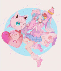 1girl absurdres arm_up blue_skirt bull_sprite_(pokemon) cardigan choker clefairy_sprite_(pokemon) commentary creatures_(company) earrings fairy_miku_(project_voltage) fish_sprite_(pokemon) flower game_freak gen_1_pokemon gen_2_pokemon hair_flower hair_ornament hatsune_miku heart heart-shaped_pillow heart_choker highres igglybuff jewelry jigglypuff kawasaki_(kwsk_8765) leg_warmers long_hair multicolored_hair nail_polish nintendo one_eye_closed open_mouth pillow pink_cardigan pink_shoes pokemon pokemon_(creature) project_voltage scrunchie shoes skirt twintails two-tone_hair very_long_hair vocaloid wrist_scrunchie zzz