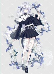 1girl au_ra black_dress dragon_girl dragon_horns dragon_tail dress final_fantasy final_fantasy_xiv flower hair_over_one_eye highres horns leg_ribbon looking_at_viewer motsuni_(lxxe1120) platform_shoes purple_eyes ribbon rose solo tail warrior_of_light_(ff14) white_flower white_hair white_rose wide_sleeves