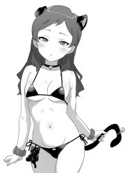 1girl :&lt; animal_ears bell bikini blush breasts cat_ears cat_tail choker clenched_hand collarbone commentary dot_nose english_commentary expressionless fake_animal_ears greyscale half-closed_eyes highres holding_tail idolmaster idolmaster_million_live! kitazawa_shiho long_hair looking_at_viewer medium_breasts minazuki_tooru monochrome navel neck_bell scrunchie solo stomach string_bikini stuffed_animal stuffed_cat stuffed_toy swimsuit tail tail_bell tail_ornament thighs white_background wrist_scrunchie