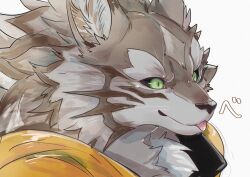 1boy 1girl animal_ears ao_gravity black_sclera blush close-up colored_sclera dog_ears furry furry_female furry_male green_eyes highres jackal_boy jackal_ears jacket looking_to_the_side male_focus muscular muscular_male neck_fur portrait scar scar_on_face seth_(housamo) shirt short_hair simple_background smile solo tail tokyo_houkago_summoners tongue tongue_out two-tone_fur upper_body white_background white_hair