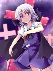 Rule 34 | 1girl, black cape, black ribbon, brooch, cape, collared shirt, commentary request, cross, doll, dutch angle, gem, high collar, holding, holding doll, jewelry, looking at viewer, muse (seihou), neck ribbon, nicoseiga 2423768, parted lips, puffy short sleeves, puffy sleeves, purple hair, purple skirt, purple vest, ribbon, seihou, shirt, short hair, short sleeves, skirt, skirt set, solo, vest, voodoo doll, white shirt, yellow eyes