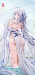 1girl absurdres ahoge alternate_costume ass azur_lane back banchiyuebai bare_shoulders blue_eyes blue_flower blush breasts closed_mouth commentary_request dress flower from_behind hair_flower hair_intakes hair_ornament highres illustrious_(azur_lane) kneepits large_breasts long_hair looking_at_viewer looking_back mole mole_under_eye see-through_clothes see-through_dress shawl smile solo standing tassel thighs very_long_hair wading wet wet_clothes wet_dress white_dress white_hair white_shawl