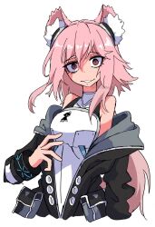 1girl animal_ears arknights armor black_jacket brown_eyes commentary commission crazy_eyes dr_yamero gravel_(arknights) infection_monitor_(arknights) jacket long_hair looking_at_viewer open_clothes open_jacket pink_hair simple_background skeb_commission solo twitter_username watermark white_background
