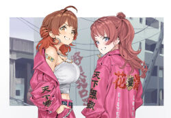 Rule 34 | 2girls, ahoge, alternate costume, border, breasts, brown hair, chain, chain necklace, commentary request, cross, cross earrings, delinquent, earrings, gakuen idolmaster, hamedoragon, hanami saki, hanami ume, hand in pocket, hoop earrings, idolmaster, jacket, jewelry, large breasts, looking at viewer, looking back, looking to the side, multiple girls, necklace, pink jacket, siblings, sisters, strapless, translation request, tube top, white border, white tube top