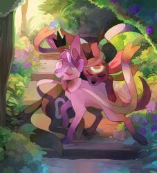 alternate_color blush eyelashes flower garden gen_2_pokemon gen_6_pokemon hug nintendo one_eye_closed plant pokemon shiny_pokemon sony-shock sylveon tail umbreon