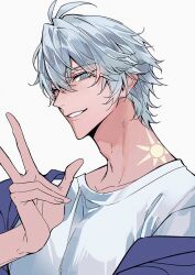 Rule 34 | 1boy, antenna hair, blue eyes, blue jacket, commentary, honkai: star rail, honkai (series), jacket, looking at viewer, male focus, mescaline, neck tattoo, one eye closed, open clothes, open jacket, parted bangs, phainon (honkai: star rail), shirt, short hair, simple background, solo, sun symbol, sun tattoo, tan, tattoo, upper body, white background, white hair, white shirt