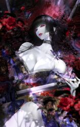 1girl absurdres blunt_bangs breasts bug butterfly choker cleavage fingernails highres holding holding_sword holding_weapon ichihara_yuuko insect japanese_clothes katana kimono lipstick lying makeup pale_skin satsuki_kei solo sword weapon xxxholic