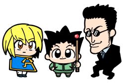 3boys bkub black_eyes black_hair black_jacket blonde_hair brown_eyes chibi closed_mouth gon_freecss green_jacket hair_between_eyes hands_in_pockets holding hunter_x_hunter jacket kurapika leorio_paladiknight male_focus multiple_boys necktie shorts sideburns simple_background spiked_hair standing white_background