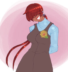 1girl 1shermieaday arms_behind_back breasts curvy dark-skinned_female dark_skin dress earrings female_focus flower heart jewelry large_breasts long_hair long_sleeves ponytail red_hair shermie_(kof) smile smiley_face standing tan the_king_of_fighters thick_lips twintails