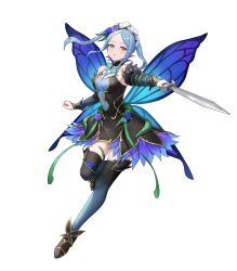 Rule 34 | 1girl, attack, black thighhighs, blue eyes, blue hair, blue wings, blush, breasts, bridal gauntlets, bug, butterfly, butterfly wings, closed mouth, dagger, detached sleeves, dress, fairy wings, fire emblem, fire emblem fates, fire emblem heroes, flora (fire emblem), flora (resplendent) (fire emblem), flower, gloves, hair flower, hair ornament, headdress, highres, holding, holding dagger, holding knife, holding weapon, insect, insect wings, knife, large breasts, long hair, long sleeves, maid, maid headdress, nima (niru54), nintendo, non-web source, official alternate costume, official art, parted lips, solo, thighhighs, transparent background, twintails, weapon, wings