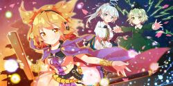 3girls blonde_hair blue_eyes blush bracelet breasts cape closed_mouth commentary dress earmuffs electricity electrokinesis english_commentary falling_petals game_cg green_dress green_eyes green_hair grey_hair hands_in_opposite_sleeves hat highres japanese_clothes jewelry kariginu long_hair long_sleeves megitti mononobe_no_futo multiple_girls official_art ofuda ofuda_on_clothes pagoda petals pink_petals pointy_hair pom_pom_(clothes) ponytail purple_cape ribbon-trimmed_sleeves ribbon_trim ritual_baton shirt short_hair sleeveless sleeveless_shirt smile soga_no_tojiko tate_eboshi third-party_source touhou touhou_lostword toyosatomimi_no_miko wide_sleeves yellow_eyes