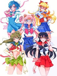 Rule 34 | 1990s (style), 5girls, absurdres, aino minako, arm belt, armor, back bow, back ribbon, bead bracelet, bead choker, beads, belt, bishoujo senshi sailor moon, black bow, black bowtie, black hair, blue bow, blue choker, blue eyes, blue sailor collar, blue shoes, blue skirt, boots, border, bow, bowtie, bracelet, bright pupils, brooch, buttons, choker, circlet, closed mouth, collar, crescent, crescent earrings, crescent ring, cropped shirt, detached collar, dot nose, double bun, earrings, elbow gloves, eyelashes, faux retro artstyle, feather-trimmed skirt, gloves, green collar, green hair, green skirt, hair bow, hair bun, hair ornament, headset, heart, heart in eye, high-waist skirt, high collar, highres, hino rei, holding, holding mask, jewelry, jupiter symbol, kino makoto, light blush, long hair, long sleeves, looking at viewer, magical girl, mars symbol, mask, masquerade mask, mercury symbol, midriff, miniskirt, mizuno ami, multiple belts, multiple girls, namisonpictures, navel, neckerchief, one eye closed, open mouth, orange eyes, orange neckerchief, parted bangs, pauldrons, pink bow, pink bowtie, pink hair, pink ribbon, pleated skirt, ponytail, prototype design, red belt, red bow, red bowtie, red choker, red eyes, red mask, red ribbon, red sailor collar, red skirt, retro artstyle, ribbon, ring, sailor collar, sailor jupiter, sailor jupiter (prototype), sailor mars, sailor mars (prototype), sailor mercury, sailor mercury (prototype), sailor moon, sailor moon (prototype), sailor v, school uniform, serafuku, shirt, shoes, short hair, short sleeves, shoulder armor, skirt, sleeveless, sleeveless shirt, smile, sphere earrings, standing, star (symbol), star earrings, straight hair, symbol in eye, tsukino usagi, venus symbol, very long hair, wavy hair, white boots, white border, white gloves, white mask, white pupils, white shirt, wrist ribbon