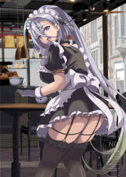 1girl alternate_costume apron ass black_dress breasts brown_thighhighs cup dress enmaided fate/grand_order fate_(series) garter_straps gloves green_hair hair_between_eyes high_ponytail highres huyan_zhuo_(fate) huyan_zhuo_(fgo_fes._2025)_(fate) ksfactory large_breasts long_hair looking_at_viewer looking_back maid maid_headdress multicolored_hair open_mouth ponytail puffy_short_sleeves puffy_sleeves purple_eyes short_sleeves smile solo streaked_hair teacup thighhighs thighs tray very_long_hair waist_apron white_apron white_gloves white_hair wrist_cuffs