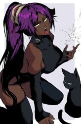 Rule 34 | absurdres, bare shoulders, black cat, black thighhighs, bleach, bleach: sennen kessen-hen, breasts, cat, collarbone, dark-skinned female, dark skin, elbow gloves, gloves, hair ornament, highres, jesse schickler, kneeling, large breasts, long hair, open mouth, ponytail, purple hair, shihouin yoruichi, tail, thighhighs, thighs, tongue, tongue out, yellow eyes