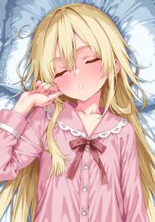 1girl absurdres aged_down angelica_rapha_redgrave arm_at_side blonde_hair closed_eyes collarbone commentary_request female_focus flat_chest hair_between_eyes hand_up head_on_pillow highres iwato_(celler) long_hair long_sleeves lying on_back on_bed otome_game_sekai_wa_mob_ni_kibishii_sekai_desu pajamas parted_lips pillow pink_pajamas sleeping solo very_long_hair