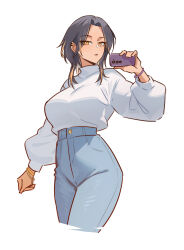 1girl absurdres black_hair bracelet breasts cellphone dark-skinned_female dark_skin denim ear_piercing highres hotaru_(nokaa_aru) jeans jewelry large_breasts long_sleeves looking_at_viewer medium_hair nokaa_aru orange_hair original pants parted_bangs parted_lips phone piercing simple_background smartphone solo sweater white_background white_sweater