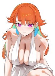 1girl absurdres armpit_crease breasts cleavage collarbone dress earrings feather_earrings feathers green_hair highres hololive hololive_english jewelry koizumi_arata large_breasts looking_at_viewer multicolored_hair orange_hair purple_eyes simple_background solo takanashi_kiara two-tone_hair white_background white_dress