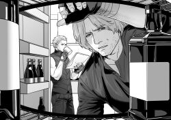 Rule 34 | 2boys, beard stubble, black gloves, brothers, d tang dmc, dante (devil may cry), devil may cry (series), devil may cry 5, facial hair, fingerless gloves, gloves, highres, jacket, looking at viewer, male focus, monochrome, multiple boys, shirt, short hair, siblings, simple background, stubble, vergil (devil may cry), white hair