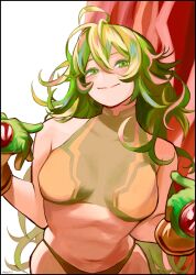 1girl absurdres blush boku_no_hero_academia breasts gloves green_eyes green_gloves green_hair hagakure_toru highres long_hair looking_at_viewer machipachi1901 messy_hair navel official_alternate_costume pointing pointing_at_self seductive_gaze seductive_smile smile solo