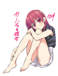 1girl absurdres bare_legs barefoot blouse blush dot_nose feet female_focus full_body highres hiroyuki japanese_text kanojo_mo_kanojo legs long_hair looking_at_viewer official_art open_mouth red_eyes red_hair saki_saki_(kanojo_mo_kanojo) shirt short_sleeves shorts sitting solo solo_focus thighs thighs_focus translation_request white_shorts