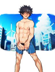 1boy black_hair blue_shorts blush cityscape cum cum_on_body cum_on_clothes cum_on_male erection feet_out_of_frame highres kamijou_touma looking_at_viewer male_focus male_pubic_hair open_mouth penis pubic_hair robokeh short_hair shorts solo spiked_hair testicles toaru_majutsu_no_index toned toned_male topless_male uncensored