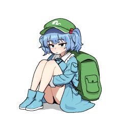 1girl arm_pouch backpack bag blue_dress blue_eyes blue_hair blue_skirt blush boots closed_mouth cocktiel77 commentary_request dress flat_cap frilled_dress frills full_body green_bag green_hat hair_bobbles hair_ornament hands_under_legs hat kawashiro_nitori knees_to_chest knees_up korean_commentary looking_at_viewer pixel_art rubber_boots short_hair simple_background sitting skirt solo squiggle sweatdrop touhou two_side_up white_background