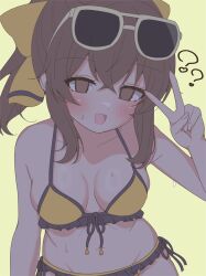 1girl asage_(asgsn) bare_shoulders bikini black_bikini blush bow breasts brown_eyes brown_hair cleavage delthea_(fire_emblem) eyewear_on_head fire_emblem fire_emblem_echoes:_shadows_of_valentia fire_emblem_gaiden hair_ornament long_hair looking_at_viewer medium_breasts navel nintendo open_mouth ponytail simple_background smile solo stomach sunglasses sweat sweatdrop swimsuit v yellow_bikini