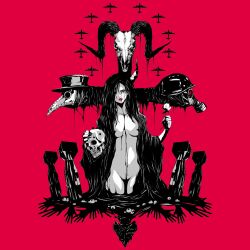 Rule 34 | 1girl, aircraft, airplane, animal skull, black hair, bomb, bomber, breasts, cloak, combat helmet, cross, demon girl, explosive, expressionless, flower, gas mask, helmet, highres, horns, limited palette, long hair, looking at viewer, mask, military vehicle, naked cloak, navel, nipples, original, parted lips, plague doctor mask, red eyes, skull, small breasts, solo, stahlhelm, yamada satoshi