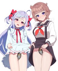 2girls absurdres bandaid blue_eyes blush bow brown_hair chastity_belt clothes_lift commission dress highres lifting_own_clothes long_hair long_sleeves looking_at_viewer multiple_girls niizuma_yae no_panties object_insertion open_mouth pubic_hair purple_eyes red_bow red_eyes red_ribbon ribbon sasuga_chisa school_uniform sex_toy shirt_lift short_hair skeb_commission skirt skirt_lift sweat two_side_up umi!_(umidigda_kawaii) white_background world_dai_star