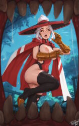1girl :o artist_name ass black_sclera black_thighhighs breasts breasts_out cape colored_sclera commentary english_commentary gauntlets hat high_ponytail highres inayah inayah_life_after_gods large_breasts long_hair looking_at_viewer nipples personal_ami ponytail pov_inside_mouth pussy pussy_peek red_cape saliva sidelocks signature solo spiked_pauldrons teeth thighhighs white_hair wide_brim yellow_eyes