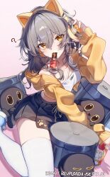 1girl ? absurdres alternate_costume animal_ear_headphones animal_ears black_skirt breasts cat_ears cleavage fake_animal_ears food_in_mouth grey_hair headphones highres honkai:_star_rail honkai_(series) hood hood_down hooded_jacket imasaki_kei jacket long_hair looking_at_viewer midriff mouth_hold open_clothes open_jacket pink_background shirt shoes simple_background skirt stelle_(honkai:_star_rail) thighhighs trailblazer_(honkai:_star_rail) twitter_username white_shirt white_thighhighs yellow_eyes yellow_jacket zettai_ryouiki