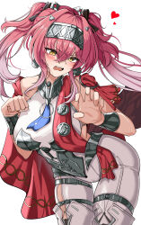 1girl absurdres armor bare_shoulders black_bow blush bodysuit bow breastplate breasts collar commentary cowboy_shot earrings english_commentary hair_between_eyes hair_bow hairband heart highres jewelry large_breasts leaning_forward long_hair lupa_(wuthering_waves) metal_collar metal_hairband multiple_hair_bows open_mouth pink_hair red_pupils red_sash sash sekkno simple_background solo thigh_gap white_background white_bodysuit wrist_guards wuthering_waves yellow_eyes