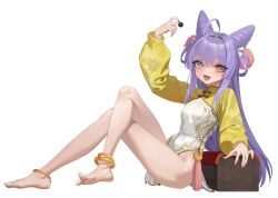 1girl :3 :d ahoge anklet blue_eyes bow china_dress chinese_clothes dress feet fox groin hair_bow hair_horns hair_ornament heterochromia highres holding_cherry hongcasso jewelry legs open_mouth pelvic_curtain puffy_sleeves purple_hair simple_background smile solo stellive tassel tenko_shibuki virtual_youtuber white_background white_dress white_footwear yellow_dress yellow_eyes