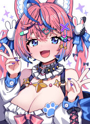 1girl :3 absurdres animal_ears bare_shoulders blue_eyes blue_hair blue_ribbon blush breasts cleavage double_v frills hair_ornament hair_ribbon hairclip heart heart_o-ring highres large_breasts long_sleeves looking_at_viewer morumoru_x multicolored_hair nail_polish o-ring off_shoulder open_mouth original pill pill_hair_ornament pink_hair puffy_long_sleeves puffy_sleeves purple_nails rabbit_hair_ornament ribbon solo sparkle_background star_(symbol) star_hair_ornament streaked_hair twintails v x_hair_ornament