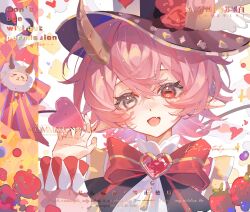 1girl artist_name bow bowtie crossed_bangs demon_tail eyelashes fang flower food fruit hat hat_flower heart heterochromia highres horns laobaijintian_buhuahua long_sleeves looking_at_viewer open_mouth original pink_hair pointy_ears puffy_long_sleeves puffy_sleeves red_bow red_bowtie red_eyes red_flower sample_watermark shirt short_hair single_horn skin_fang smile solo strawberry striped_bow striped_bowtie striped_clothes tail top_hat upper_body watermark weibo weibo_username white_shirt