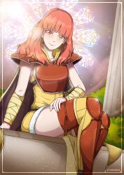 Rule 34 | 1girl, absurdres, armband, armor, armored boots, boots, breastplate, cape, celica (fire emblem), celica (warrior princess) (fire emblem), fire emblem, fire emblem echoes: shadows of valentia, fire emblem gaiden, fire emblem heroes, highres, keith montalbo, long hair, looking at viewer, nintendo, official alternate costume, orange eyes, orange hair, princess, red armor, red eyes, red hair, shorts, shoulder pads, sitting, solo, stained glass, thigh boots, warrior, window, yellow shorts