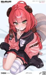 1girl black_choker black_sailor_collar black_serafuku black_shirt black_shoes black_skirt cardigan choker color_guide commentary_request edajima_denki green_eyes grin hair_ornament hand_to_own_mouth highres long_hair long_sleeves looking_at_viewer open_cardigan open_clothes pink_cardigan pleated_skirt red_hair sailor_collar school_uniform serafuku shirt shoes single_thighhigh skirt smile solo striped_clothes striped_thighhighs thighhighs ukinami_yuzuha zenless_zone_zero