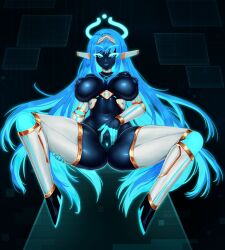 1girl aqua_hair barbariank black_skin blue_hair blue_halo blue_pussy breasts breasts_apart choker colored_inner_hair colored_pussy colored_skin commentary english_commentary halo highres large_breasts long_hair looking_at_viewer making-of_available multicolored_hair navel nipples original presenting_pussy robot_ears robot_girl smile solo spread_legs spread_pussy spreading_own_pussy tiara two-tone_hair uncensored very_long_hair white_choker